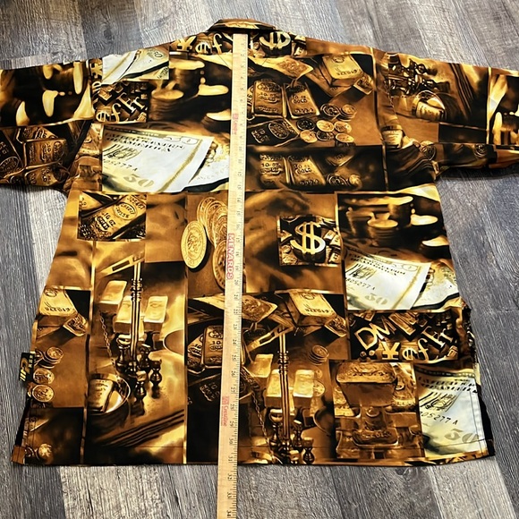 Vintage 90s Impaq Sports Wear Money Gold Currency Photoprint Hawaiian Shirt Men - Picture 11 of 14